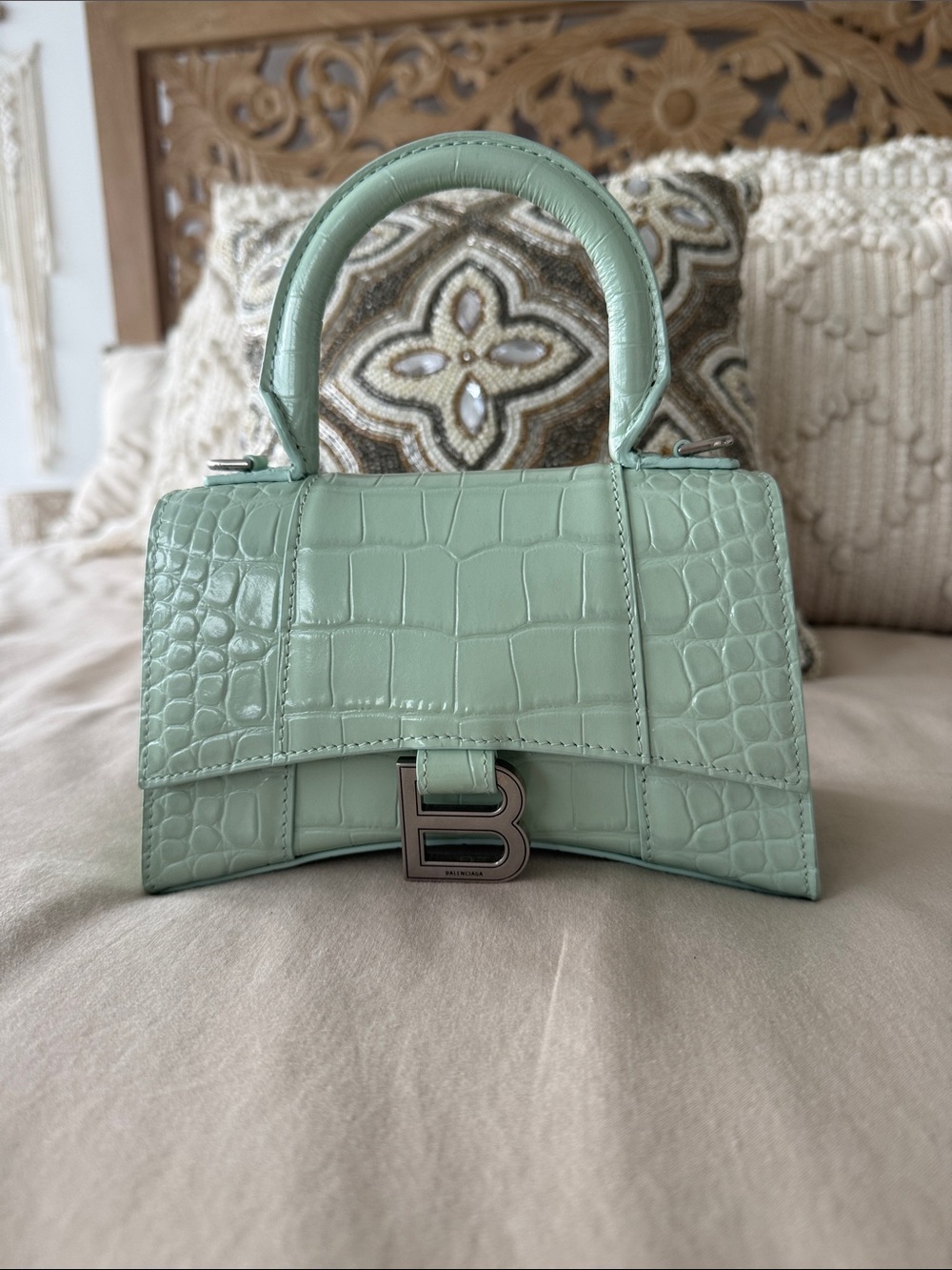 Rare Balenciaga Mint Green Croc-Embossed Top Handle Bag